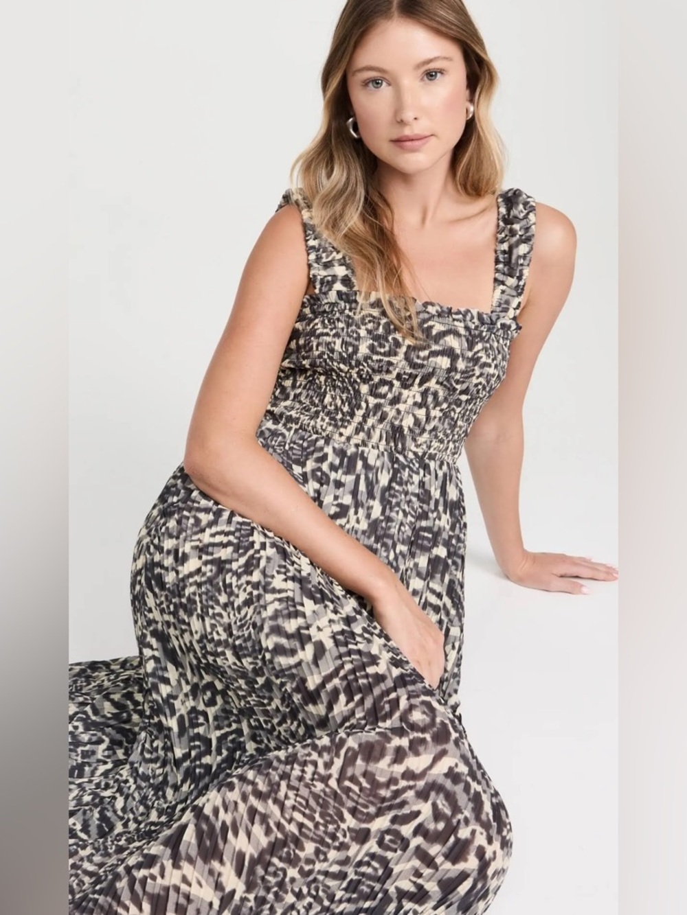 GANNI Pleated Georgette Smock Midi Strap Dress Leopard Animal Print.  21